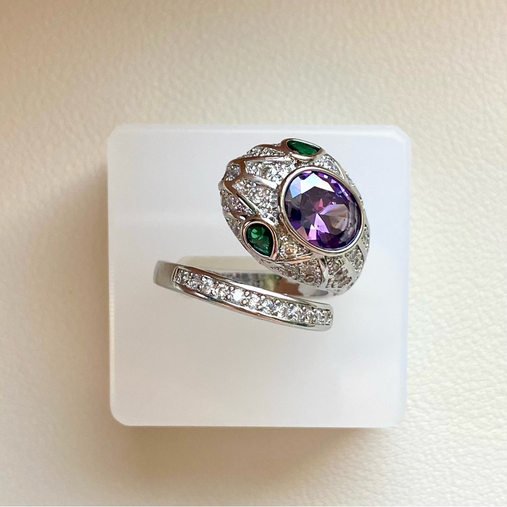 Silver Purple Amethyst & Green Accent Wrap Ring